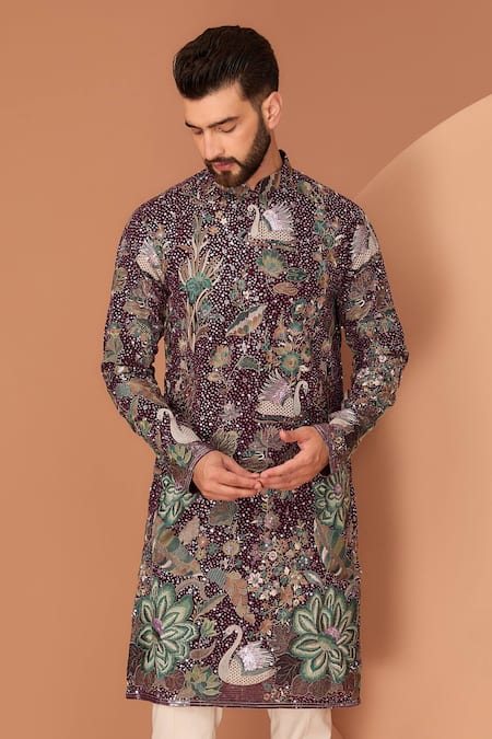 Kasbah_Wine Georgette Sequins, Applique Floral And Fauna Embroidered Kurta _Online_at_Aza_Fashions