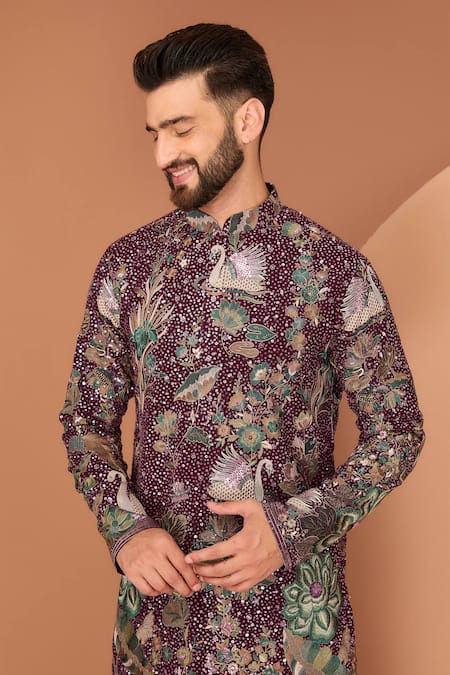 Buy_Kasbah_Wine Georgette Sequins, Applique Floral And Fauna Embroidered Kurta _Online_at_Aza_Fashions