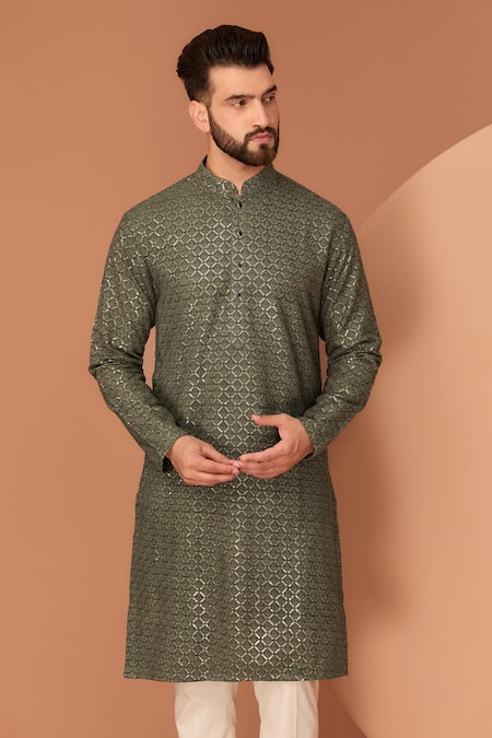 Shop Kasbah Green Silk Sequins, Embroidery Geometric Thread Kurta at Aza Fashions Shop_Kasbah_Green Silk Sequins, Embroidery Geometric Thread Kurta _at_Aza_Fashions