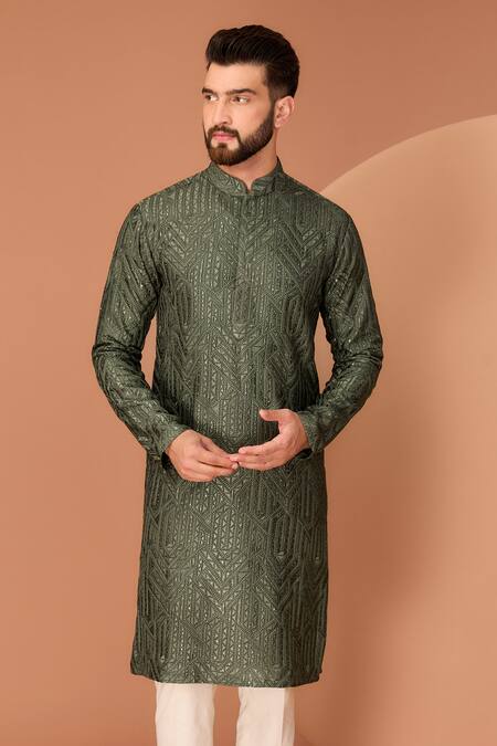 Kasbah Green Silk Sequins, Embroidery Geometric Thread Kurta Online at Aza Fashions Kasbah_Green Silk Sequins, Embroidery Geometric Thread Kurta _Online_at_Aza_Fashions