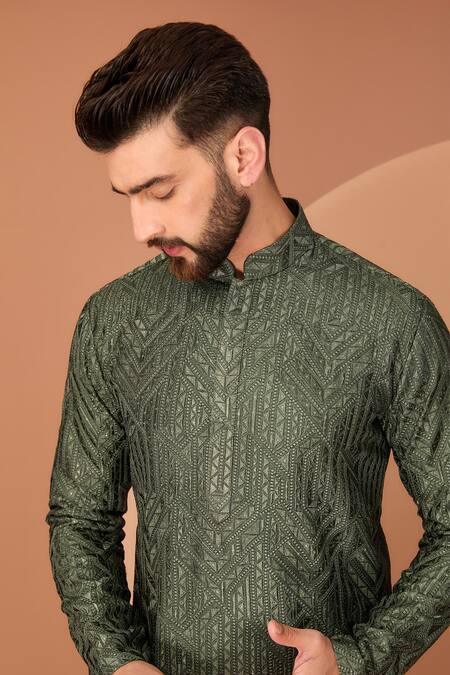Buy Kasbah Green Silk Sequins, Embroidery Geometric Thread Kurta Online at Aza Fashions Buy_Kasbah_Green Silk Sequins, Embroidery Geometric Thread Kurta _Online_at_Aza_Fashions