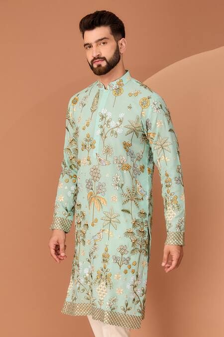 Kasbah Sky Blue Georgette Sequins, Embroidery Floral And Fauna Kurta Online at Aza Fashions Kasbah_Sky Blue Georgette Sequins, Embroidery Floral And Fauna Kurta _Online_at_Aza_Fashions