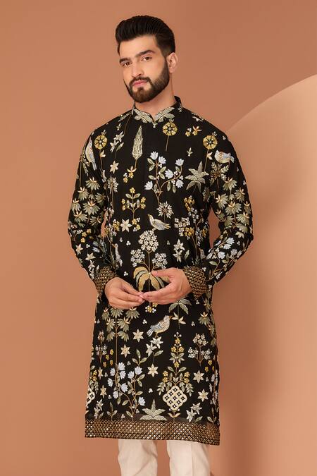 Kasbah Black Georgette Sequins, Embroidery Floral And Fauna Thread Kurta Online at Aza Fashions Kasbah_Black Georgette Sequins, Embroidery Floral And Fauna Thread Kurta _Online_at_Aza_Fashions