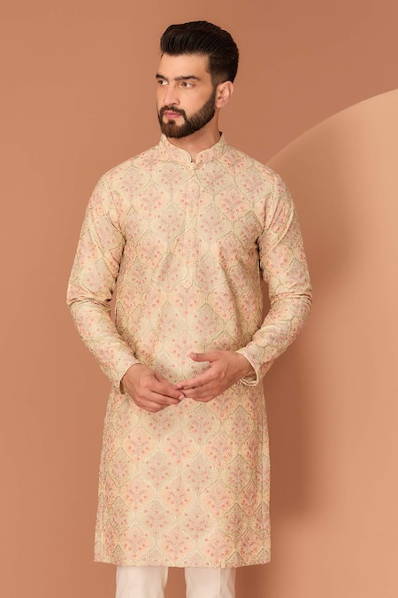 Kasbah_Beige Silk Gota Patti, Embroidery Chikankari Straight Kurta _Online_at_Aza_Fashions