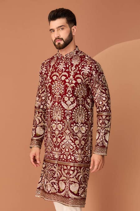 Kasbah Maroon Georgette Sequins, Zari Floral Work Embroidered Kurta Online at Aza Fashions Kasbah_Maroon Georgette Sequins, Zari Floral Work Embroidered Kurta _Online_at_Aza_Fashions