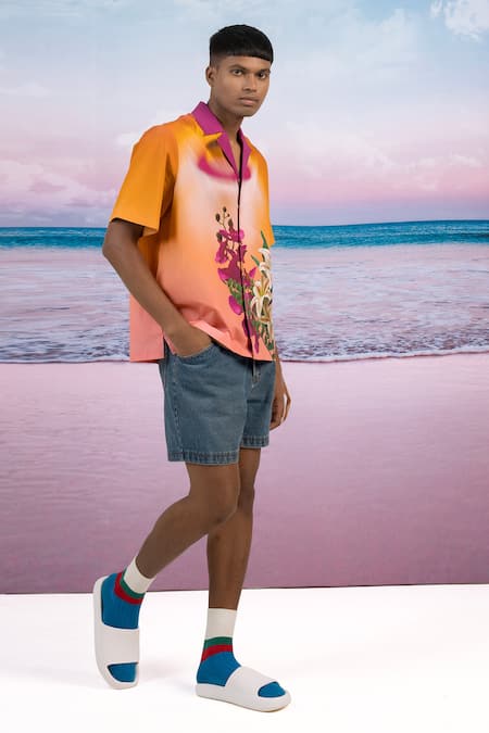 Shop_Siddhartha Bansal_Orange Gabardine Embroidery Sun Set Lover Half Sleeve Shirt _Online_at_Aza_Fashions