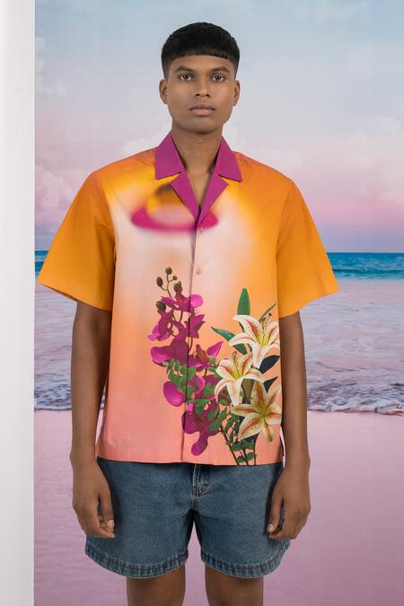 Siddhartha Bansal_Orange Gabardine Embroidery Sun Set Lover Half Sleeve Shirt _at_Aza_Fashions