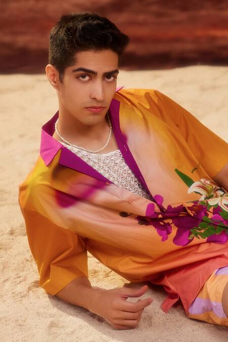 Buy_Siddhartha Bansal_Orange Gabardine Embroidery Sun Set Lover Half Sleeve Shirt 