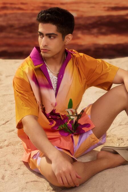 Shop_Siddhartha Bansal_Orange Gabardine Embroidery Sun Set Lover Half Sleeve Shirt 
