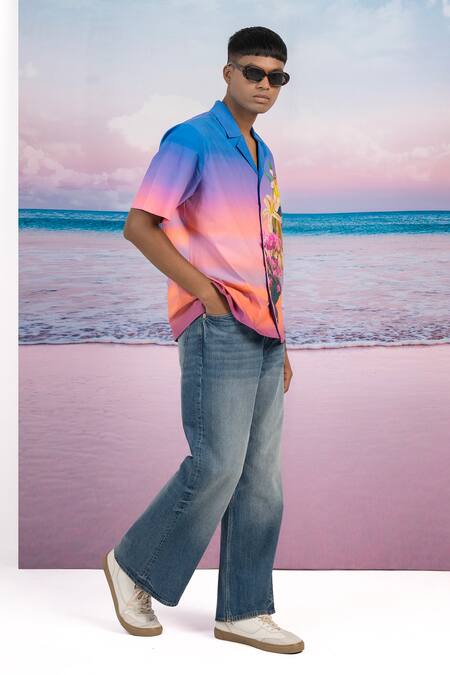 Buy_Siddhartha Bansal_Blue Gingham Embroidery Evening Lover Half Sleeve Shirt _Online_at_Aza_Fashions