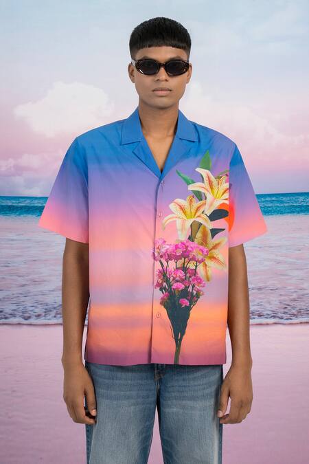 Shop_Siddhartha Bansal_Blue Gingham Embroidery Evening Lover Half Sleeve Shirt _Online_at_Aza_Fashions