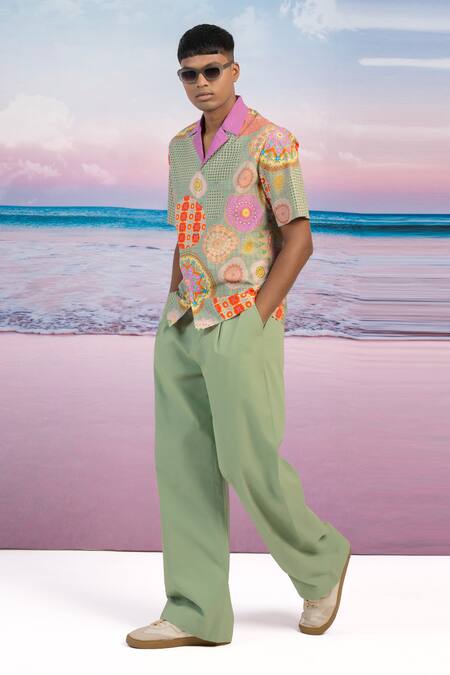 Shop_Siddhartha Bansal_Green Gingham Samsara Camp Abstract Print Shirt _Online_at_Aza_Fashions