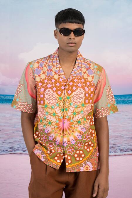 Buy_Siddhartha Bansal_Orange Gingham Carnival Camp Printed Shirt _Online_at_Aza_Fashions