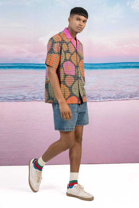 Siddhartha Bansal_Blue Gingham Artist Camp Printed Shirt _Online_at_Aza_Fashions