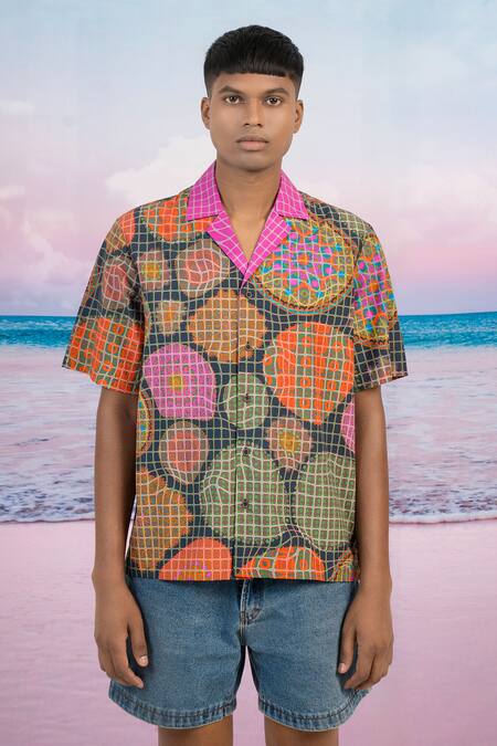 Buy_Siddhartha Bansal_Blue Gingham Artist Camp Printed Shirt _Online_at_Aza_Fashions