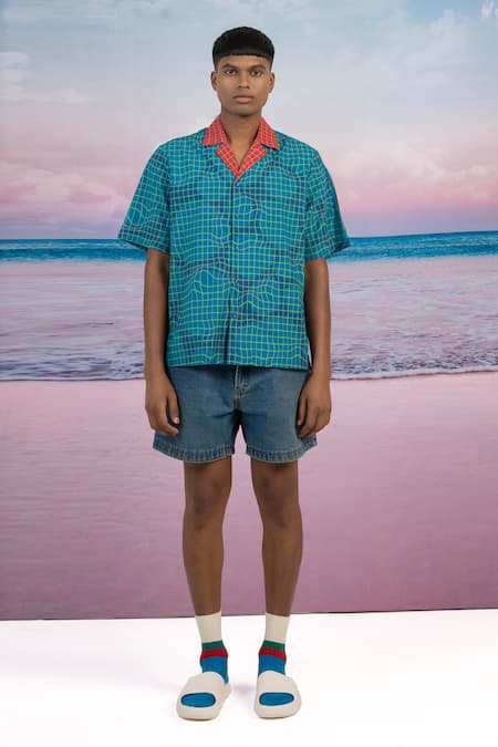 Siddhartha Bansal_Blue Gabardine Zen Camp Printed Shirt _Online_at_Aza_Fashions