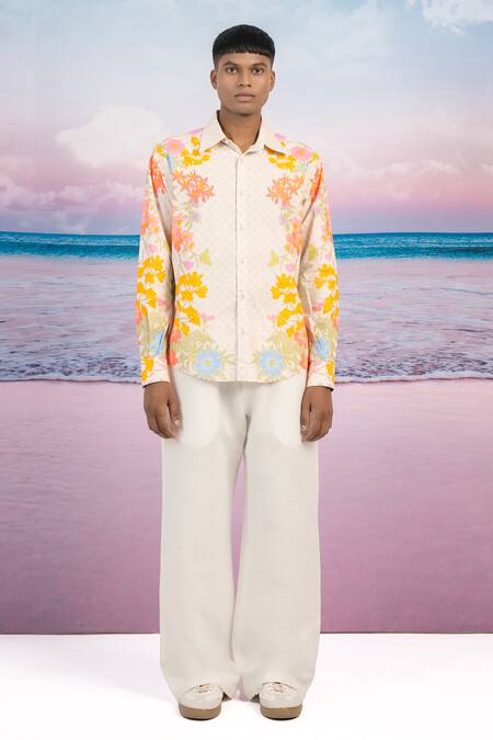 Siddhartha Bansal Beige Gabardine Embroidery Joy Floral Print Shirt Online at Aza Fashions Siddhartha Bansal_Beige Gabardine Embroidery Joy Floral Print Shirt _Online_at_Aza_Fashions