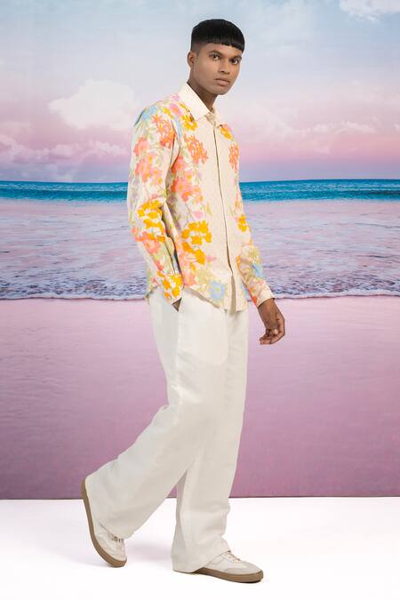 Buy Siddhartha Bansal Beige Gabardine Embroidery Joy Floral Print Shirt Online at Aza Fashions Buy_Siddhartha Bansal_Beige Gabardine Embroidery Joy Floral Print Shirt _Online_at_Aza_Fashions