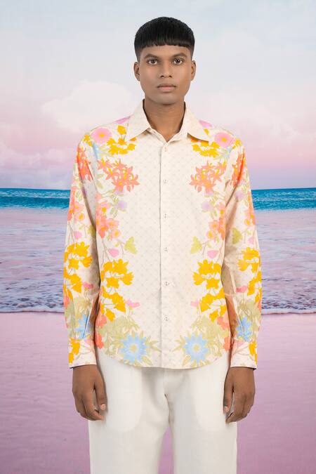 Shop Siddhartha Bansal Beige Gabardine Embroidery Joy Floral Print Shirt Online at Aza Fashions Shop_Siddhartha Bansal_Beige Gabardine Embroidery Joy Floral Print Shirt _Online_at_Aza_Fashions