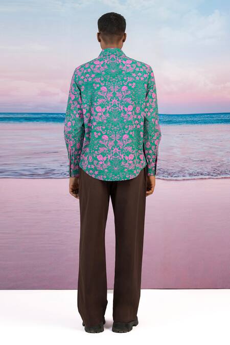 Shop Siddhartha Bansal Green Gingham Embroidery Retro Floral Print Shirt at Aza Fashions Shop_Siddhartha Bansal_Green Gingham Embroidery Retro Floral Print Shirt _at_Aza_Fashions