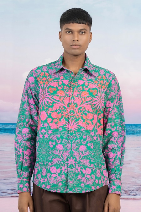 Siddhartha Bansal Green Gingham Embroidery Retro Floral Print Shirt Online at Aza Fashions Siddhartha Bansal_Green Gingham Embroidery Retro Floral Print Shirt _Online_at_Aza_Fashions