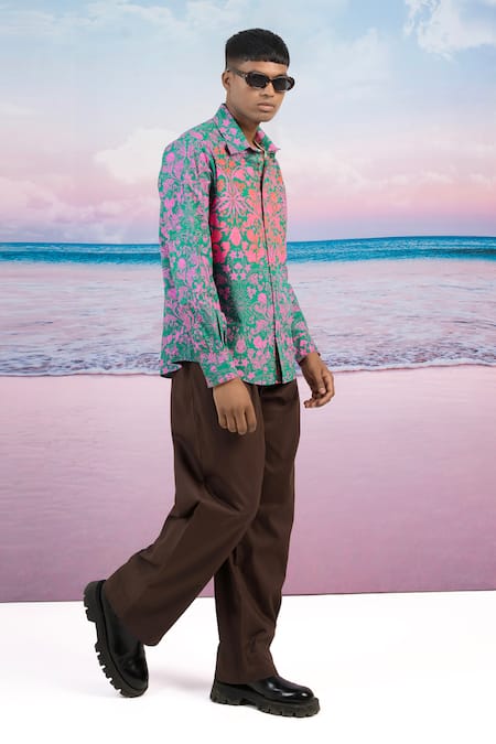 Buy Siddhartha Bansal Green Gingham Embroidery Retro Floral Print Shirt Online at Aza Fashions Buy_Siddhartha Bansal_Green Gingham Embroidery Retro Floral Print Shirt _Online_at_Aza_Fashions