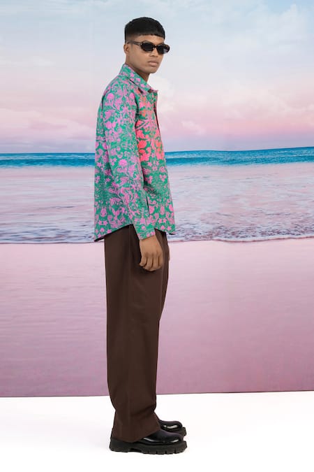 Shop Siddhartha Bansal Green Gingham Embroidery Retro Floral Print Shirt Online at Aza Fashions Shop_Siddhartha Bansal_Green Gingham Embroidery Retro Floral Print Shirt _Online_at_Aza_Fashions