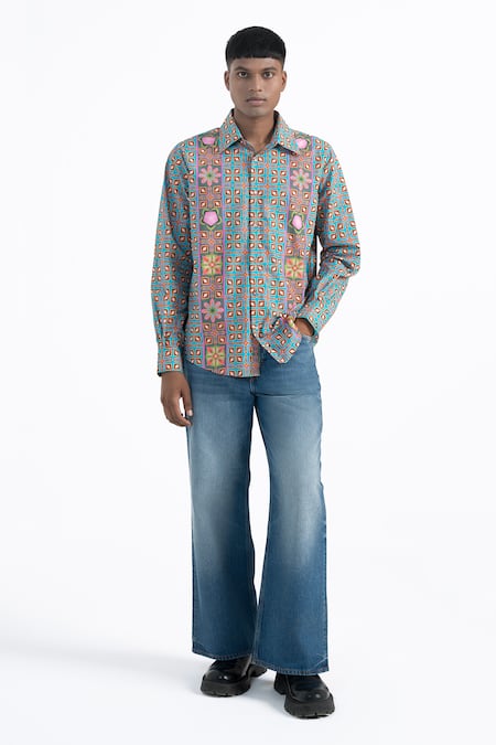 Siddhartha Bansal Green Giza Cotton Printed Kaleidoscopic Mexican Moon Shirt 