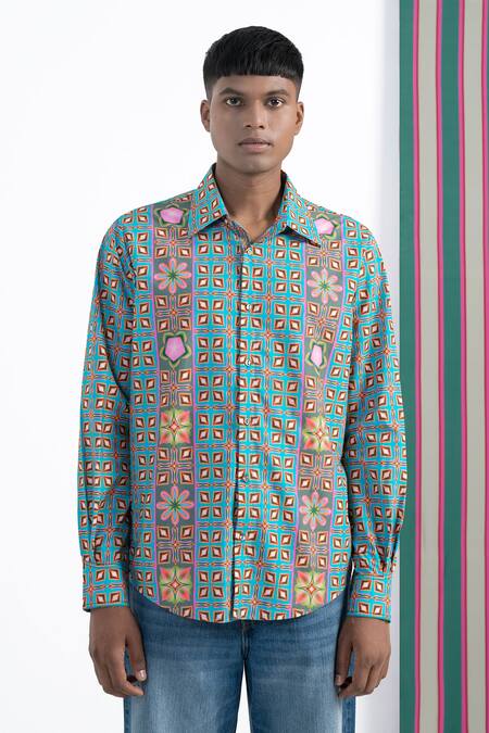 Shop Siddhartha Bansal Green Gingham Mexican Moon Printed Shirt Online at Aza Fashions Shop_Siddhartha Bansal_Green Gingham Mexican Moon Printed Shirt _Online_at_Aza_Fashions