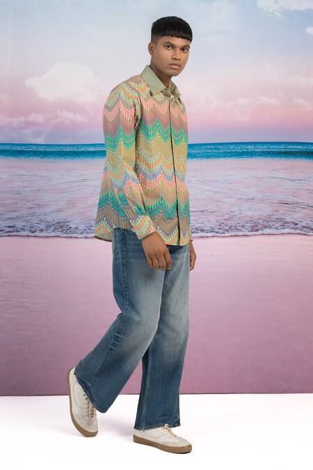 Shop Siddhartha Bansal Multi Color Gingham Summer Wave Printed Shirt Online at Aza Fashions Shop_Siddhartha Bansal_Multi Color Gingham Summer Wave Printed Shirt _Online_at_Aza_Fashions