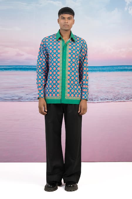 Siddhartha Bansal_Blue Gingham Kaleidoscopic Print Shirt _Online_at_Aza_Fashions