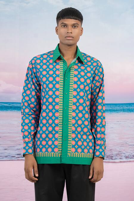 Buy_Siddhartha Bansal_Blue Gingham Kaleidoscopic Print Shirt _Online_at_Aza_Fashions