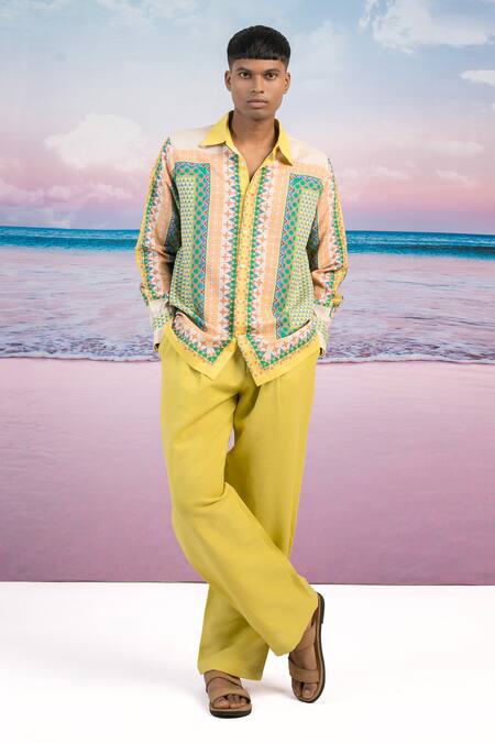 Buy_Siddhartha Bansal_Yellow Linen Poet Kaleidoscopic Print Shirt _Online_at_Aza_Fashions