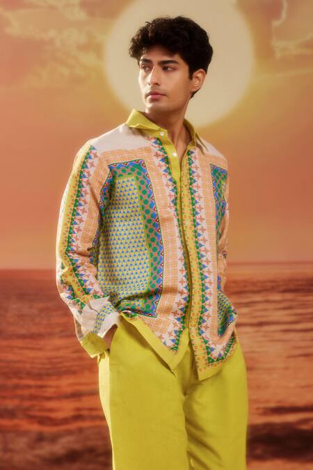 Siddhartha Bansal_Yellow Linen Poet Kaleidoscopic Print Shirt _at_Aza_Fashions
