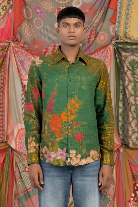 Buy_Siddhartha Bansal_Green Linen Embroidery Wayfarer Printed Shirt _Online_at_Aza_Fashions
