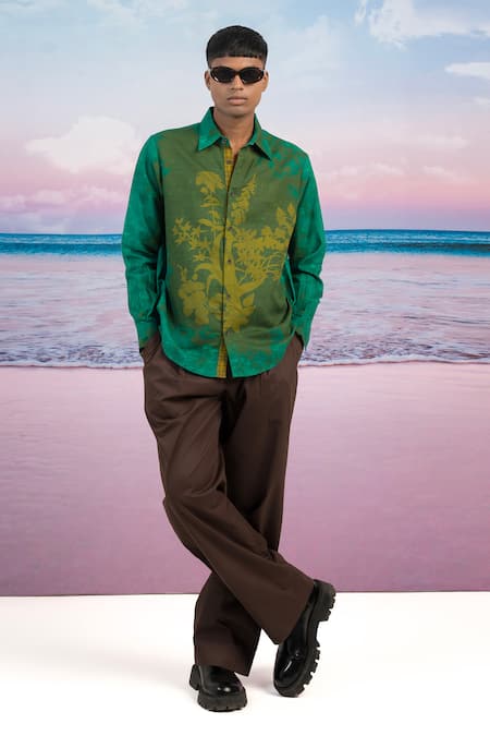 Siddhartha Bansal Green Linen Deep Forest Printed Shirt