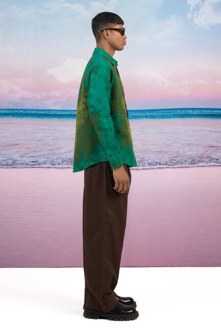 Siddhartha Bansal Green Linen Deep Forest Printed Shirt Online at Aza Fashions Siddhartha Bansal_Green Linen Deep Forest Printed Shirt _Online_at_Aza_Fashions