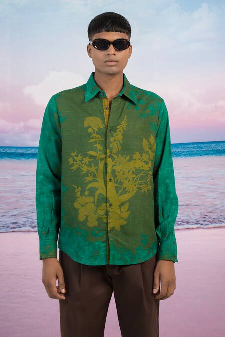 Buy Siddhartha Bansal Green Linen Deep Forest Printed Shirt Online at Aza Fashions Buy_Siddhartha Bansal_Green Linen Deep Forest Printed Shirt _Online_at_Aza_Fashions