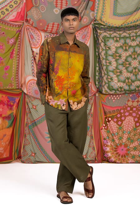 Buy_Siddhartha Bansal_Green Linen Printed Floral Bloom Shirt _Online_at_Aza_Fashions