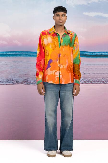 Buy_Siddhartha Bansal_Orange Silk Printed Floral Lovers Shirt _Online_at_Aza_Fashions