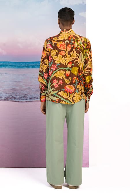 Siddhartha Bansal_Brown Silk Embroidery Bloom Floral Pattern Shirt _Online_at_Aza_Fashions