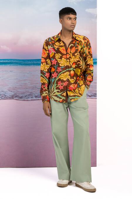 Buy_Siddhartha Bansal_Brown Silk Embroidery Bloom Floral Pattern Shirt _Online_at_Aza_Fashions