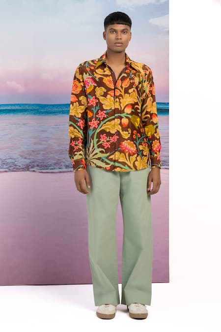 Shop_Siddhartha Bansal_Brown Silk Embroidery Bloom Floral Pattern Shirt _Online_at_Aza_Fashions