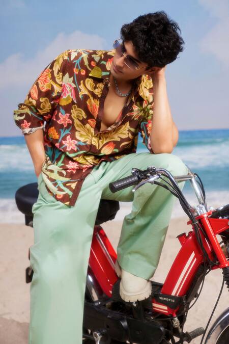 Buy_Siddhartha Bansal_Brown Silk Embroidery Bloom Floral Pattern Shirt 