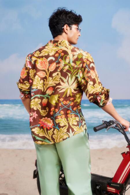 Shop_Siddhartha Bansal_Brown Silk Embroidery Bloom Floral Pattern Shirt 