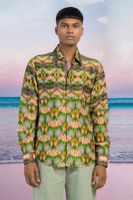 Siddhartha Bansal Green Silk Feel Good Printed Shirt Online at Aza Fashions Siddhartha Bansal_Green Silk Feel Good Printed Shirt _Online_at_Aza_Fashions