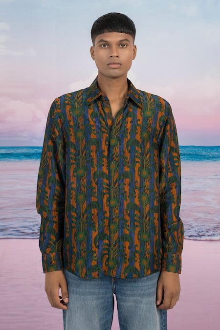 Buy_Siddhartha Bansal_Blue Silk Metropolis Printed Shirt _Online_at_Aza_Fashions
