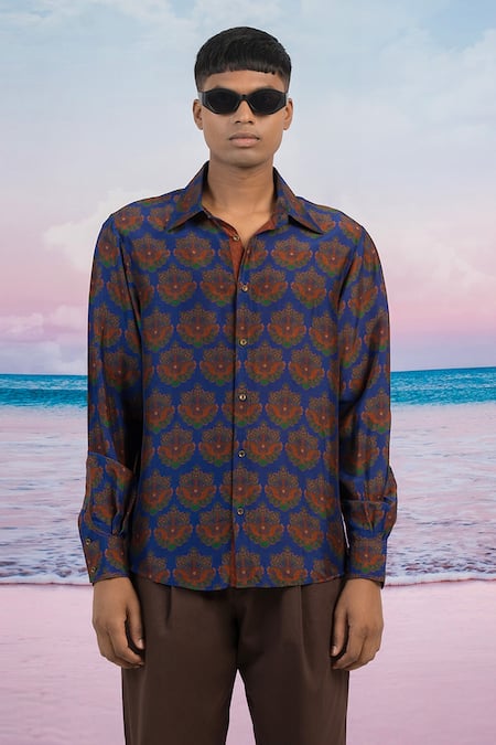 Buy_Siddhartha Bansal_Blue Silk Kashmir Printed Shirt _Online_at_Aza_Fashions