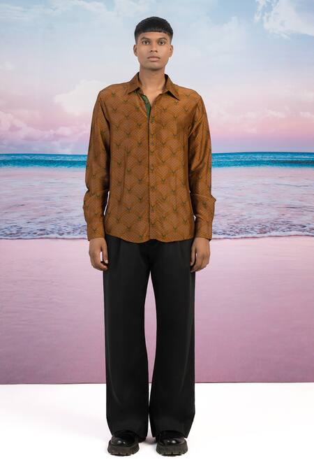 Siddhartha Bansal Brown Silk Tiger Printed Shirt Online at Aza Fashions Siddhartha Bansal_Brown Silk Tiger Printed Shirt _Online_at_Aza_Fashions