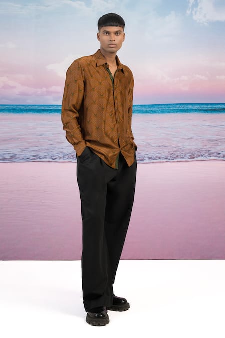 Shop Siddhartha Bansal Brown Silk Tiger Printed Shirt Online at Aza Fashions Shop_Siddhartha Bansal_Brown Silk Tiger Printed Shirt _Online_at_Aza_Fashions
